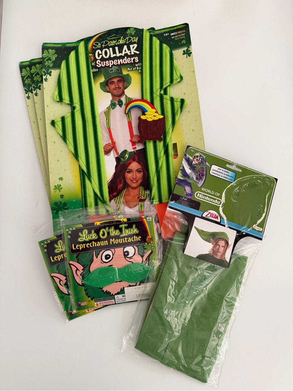 Lot of Halloween Leprechaun Costume 3 x Collar Suspenders 2 x Moustache 1 x Hat